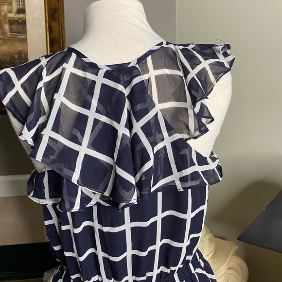 Esley navy blue,white DRESS M pane ruffle sleeveless, gathered waist, side zip - Picture 6 of 8